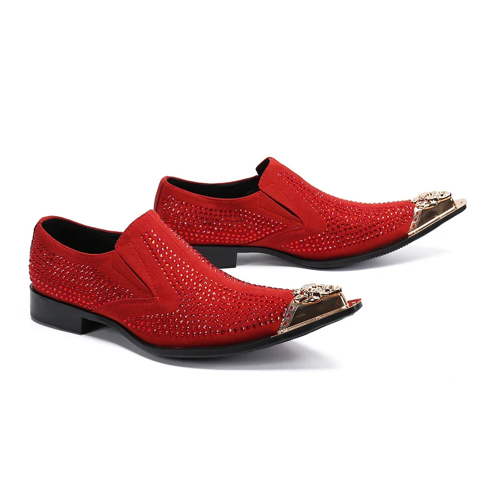 Amay Christia Bella Designer Red Black Rhinestone Party Men Shoes Metal Pointed Toe Wedding Dress Shoes Real Leather Business Shoes