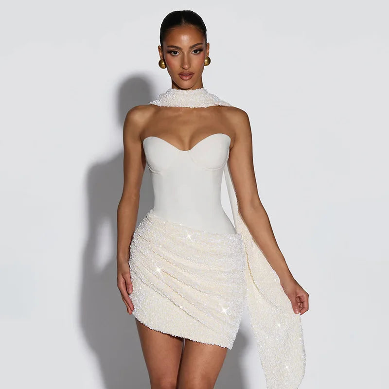 Maxy Sexy Bandeau Sequined Mini Bodycon Dress Backless Off Shoulder Evening Dress with Scarf Party Gown Women Dress