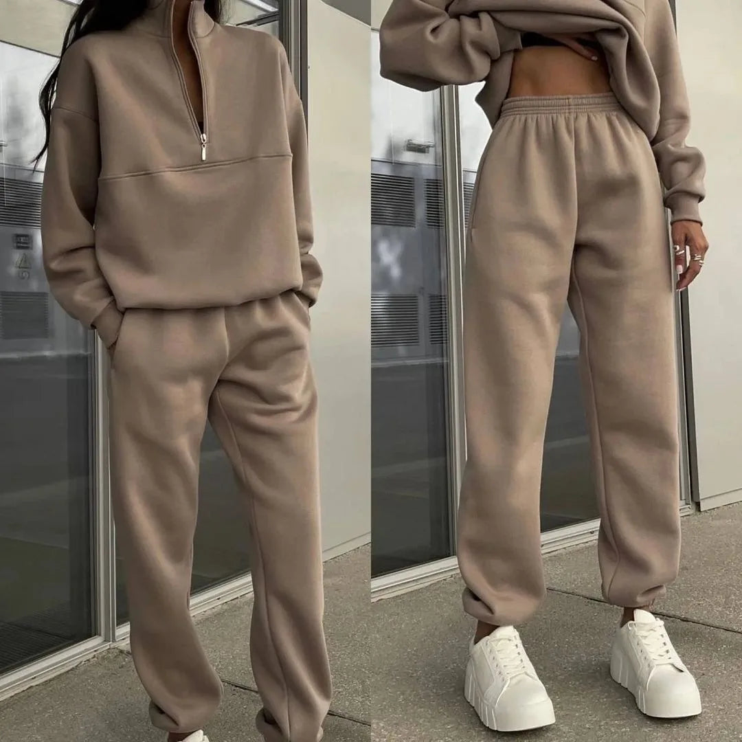 Maxy Women's Tracksuit Suit Autumn Fashion Half Zipper Stand Collar Hoodie Sweatshirts Two Pieces Casual Sportswear Long Pant Sets