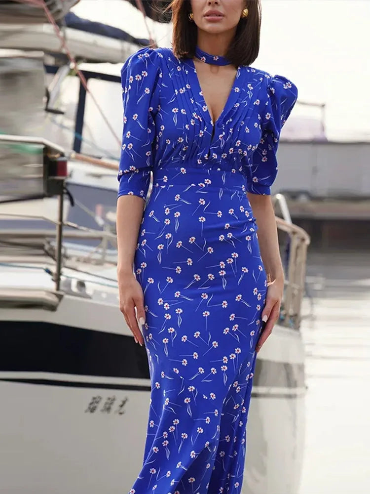 Maxy Print Deep V Shoulder Pad Long Dress Women Elegant Short Sleeve Waist Cinching Hip Package Sheath Party Dresses New Summer Robes