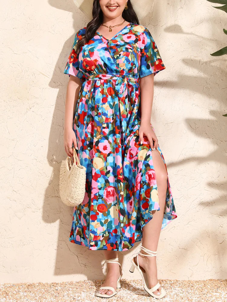 Maxy Plus Size Boho Print Vacation Maxy Dress Women Summer V Neck Short Sleeve Beach Split A-Line Dresses With Belt
