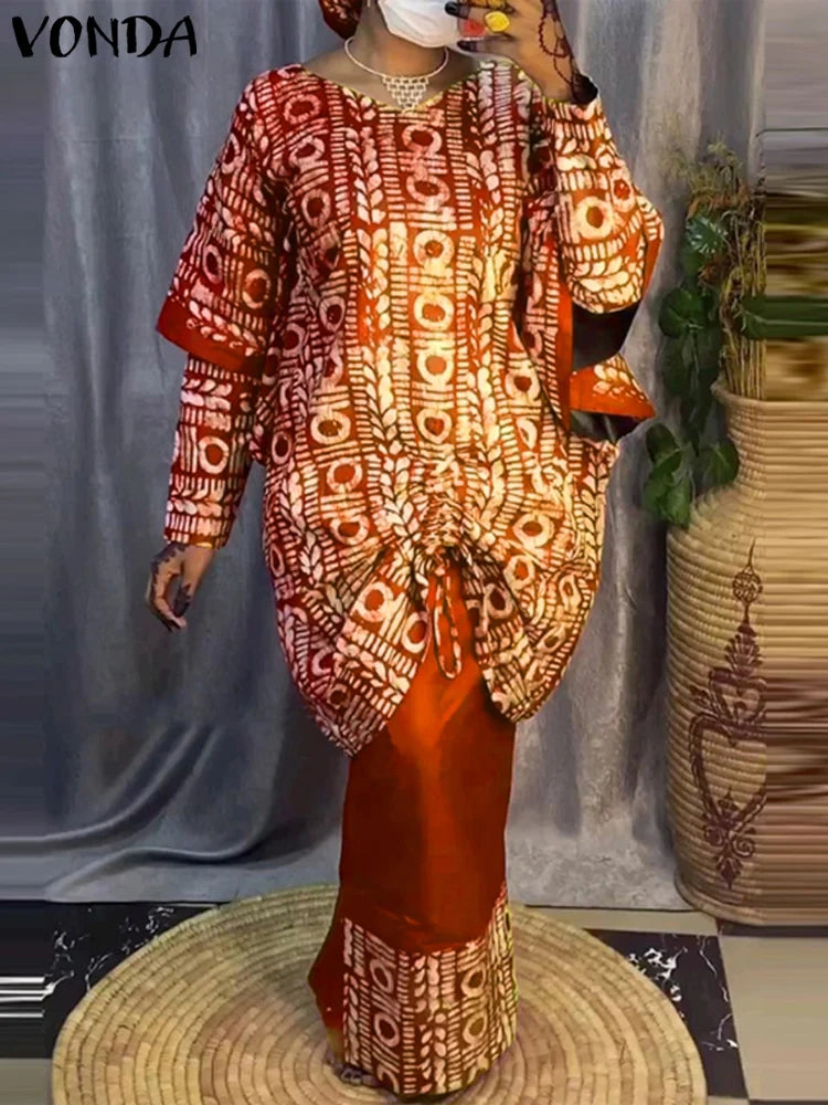 Maxy Women Elegant Sets Bohemian Printed Outfits Long Sleeve Top+Half Skirt Two-Piece Sets Casual Loose Holiday Suits