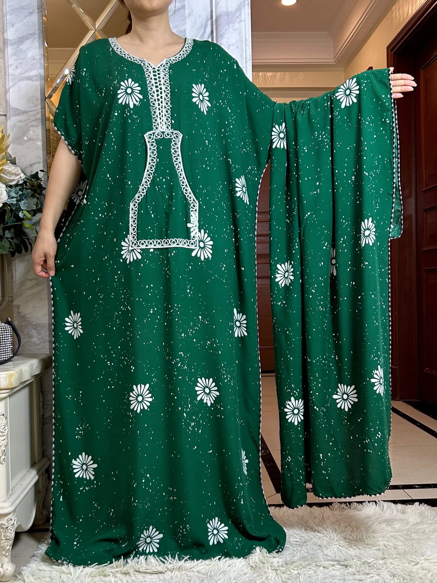 Macy Latest Autumn African Lady Dress with Big Scarf   Cotton Printed Loose Floral Boubou Pocket Maxi Islam Women Short Sleeve