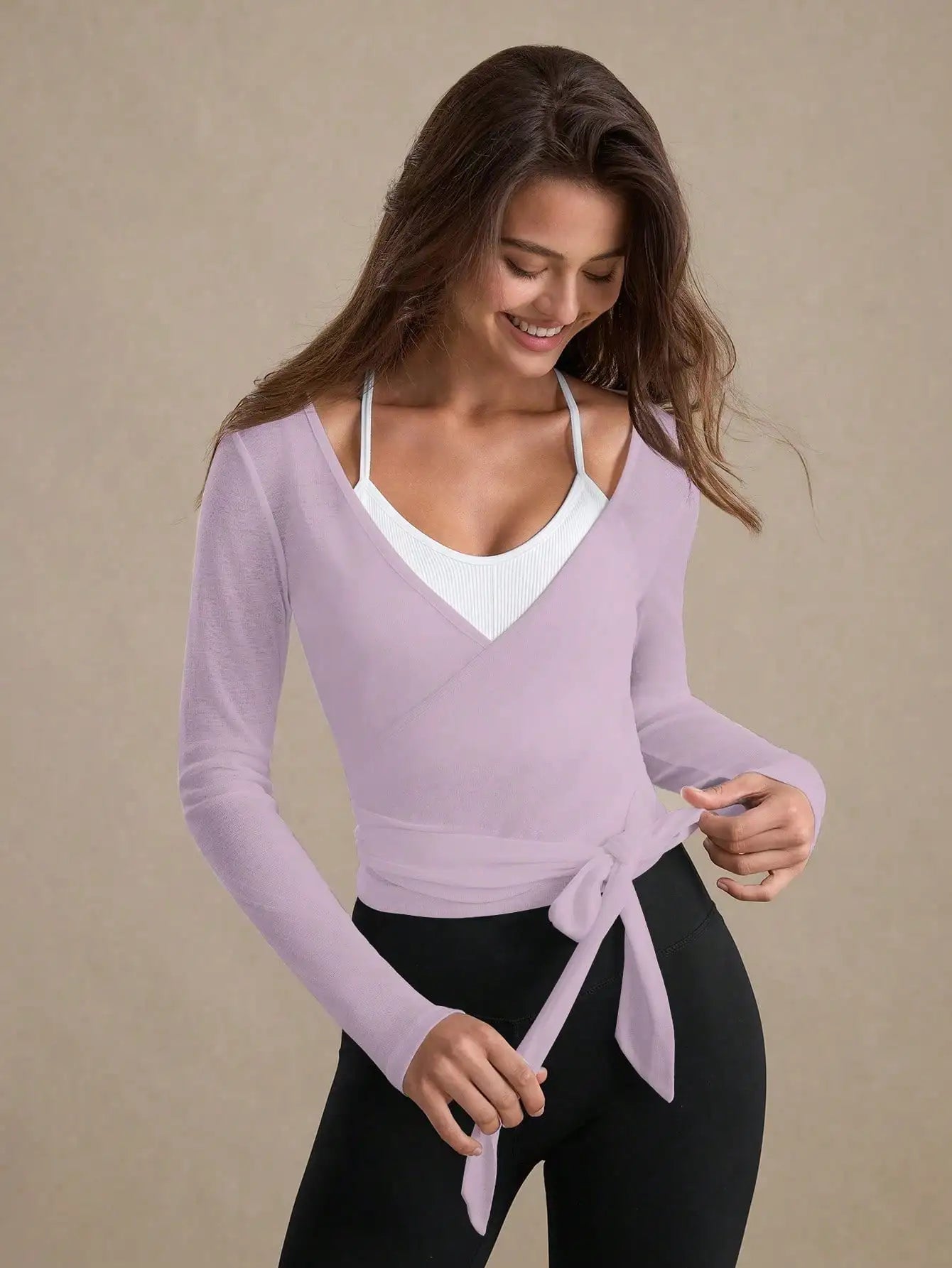 Maxy Women's Long Sleeve Wrap Crop Top With Tie-Up Detail Casual Sporty