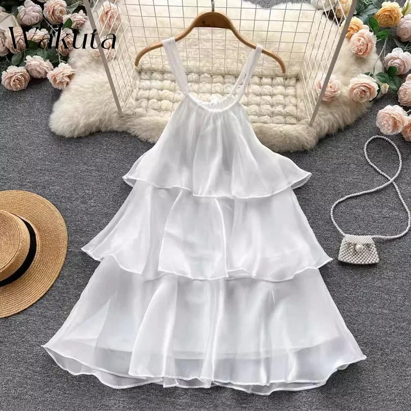 WAKUTA Summer Elegant Neck Hanging Sleeveless Ruffle Edge Dresses Casual Patchwork Ruffle Edge Sweet Cake Vestido Elegante Mujer