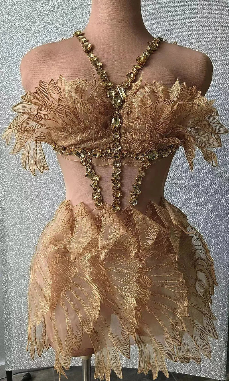 Amay Women's Golden Shiny Crystal Cicada Wings Dress for Birthday Party Stage Performance Carnival Unique Costume Design