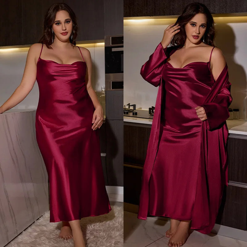Maxy Big Size Women Nightwear Long Dress and Bathrobe Set for Ladies Pajamas Spring Summer Sexy Comfortable Home Wear Plus Size 2pcs