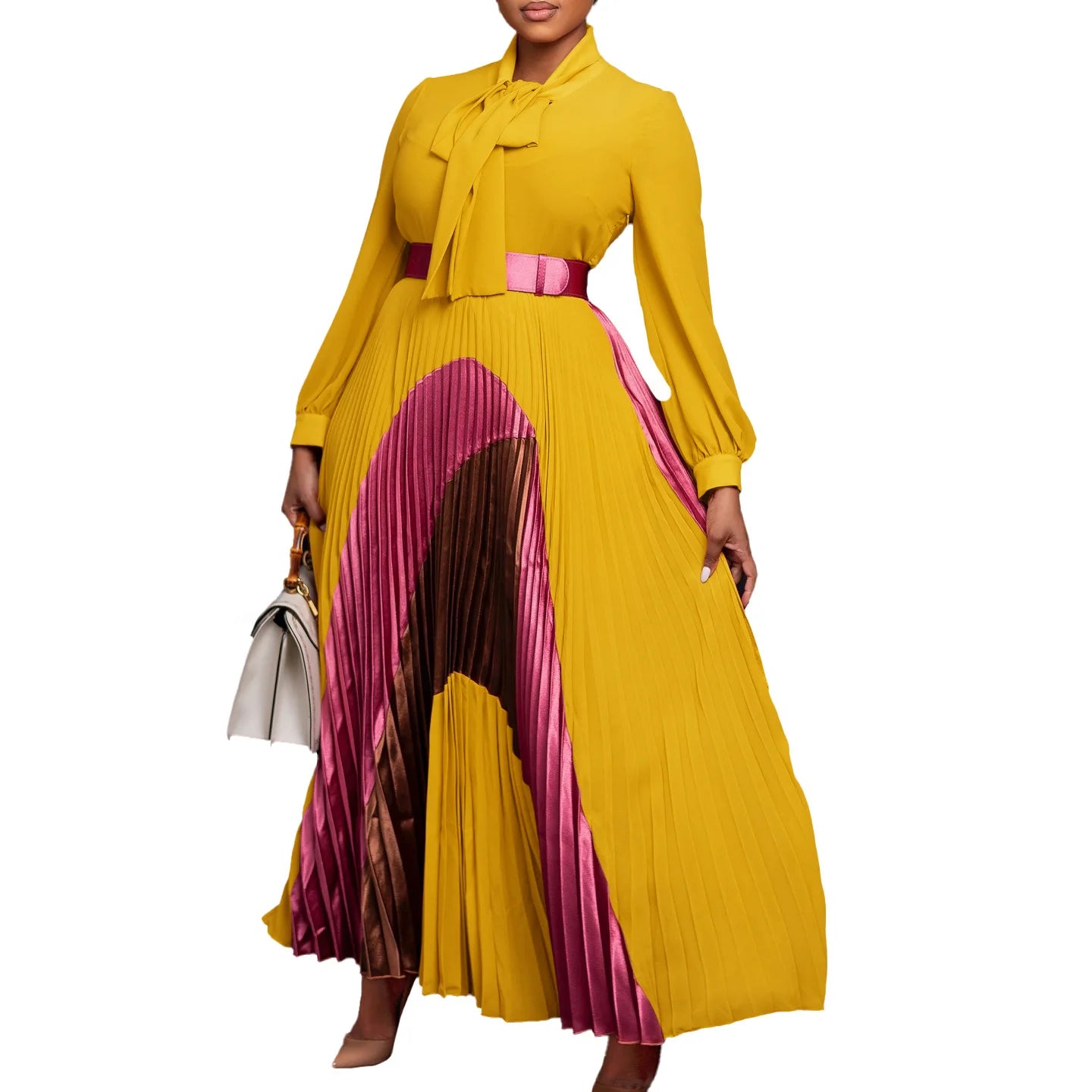 Amay Clothes for Women Elegant Pleated Bow Collar Maxy Dress and Belt Africa Clothing Robe Femme Spring