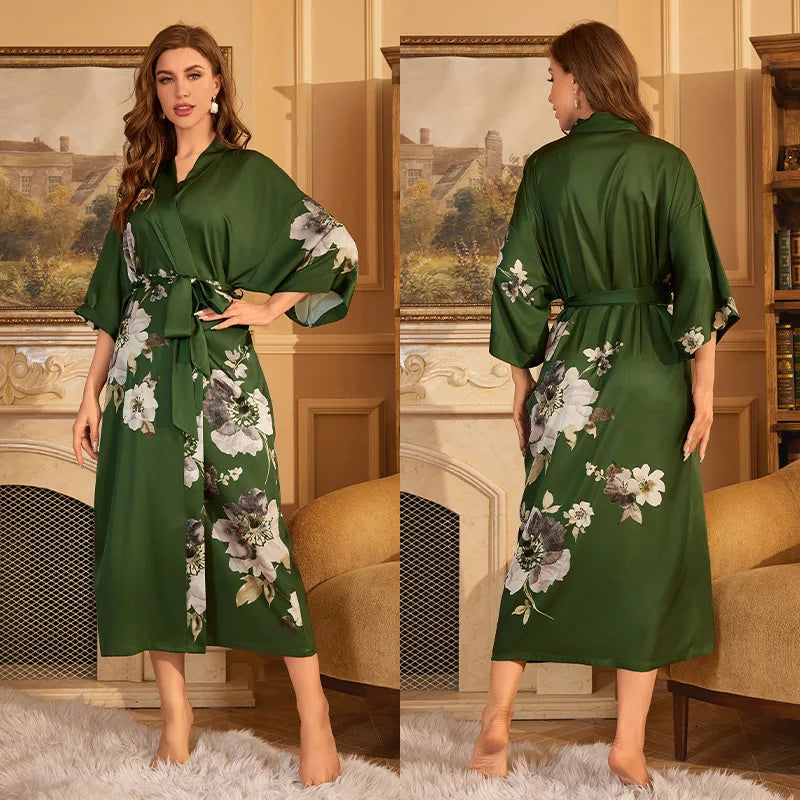 Maxy Japanese Style Half Sleeve Kimono Bathrobe Gown Female Long Robe Nightgown Sleepwear Loose Satin Print Flower Home Dressing Gown