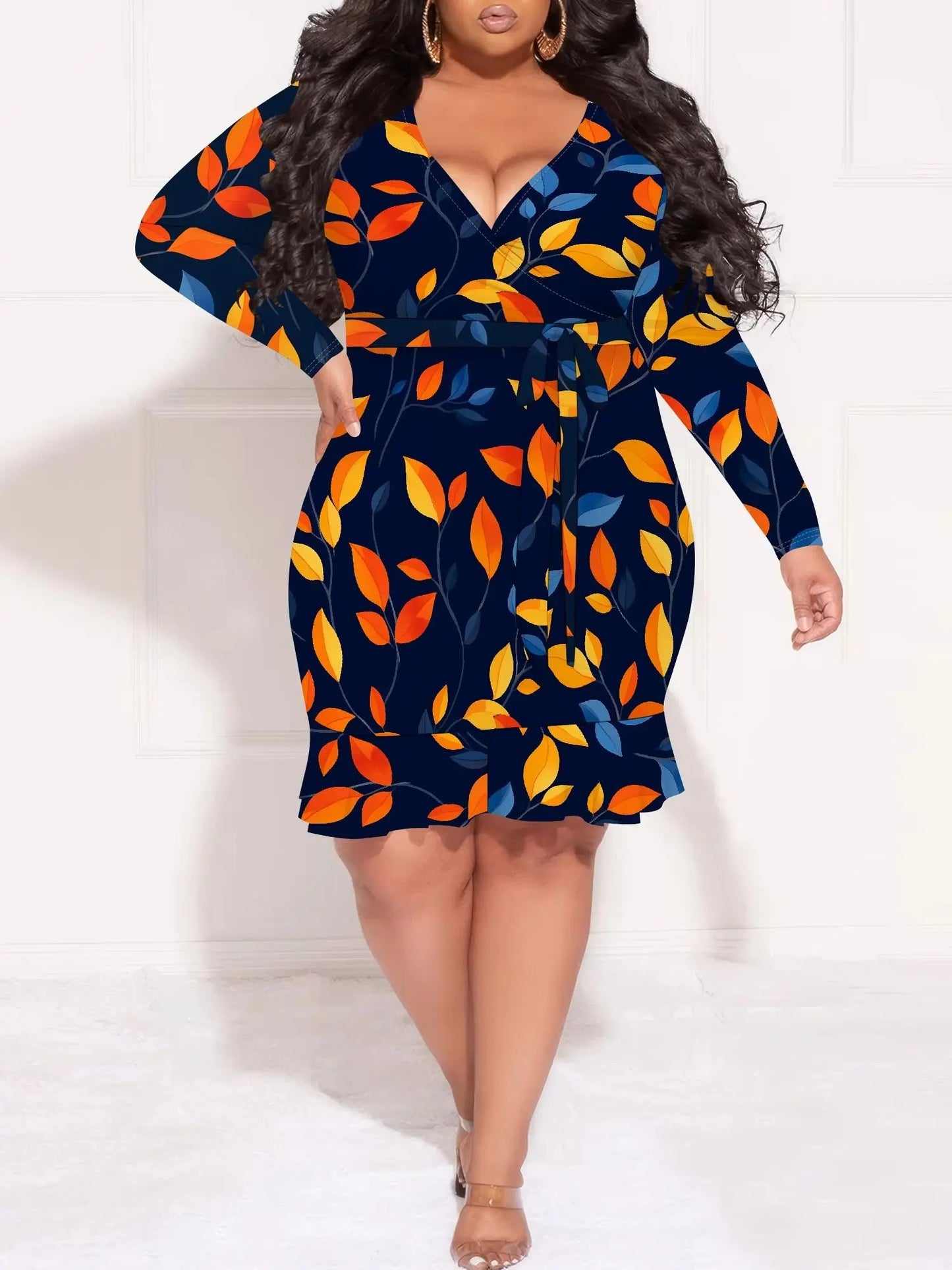 Maxy Hot selling European and American black plus size dress personalized graffiti pleated long-sleeved waist tight skirt