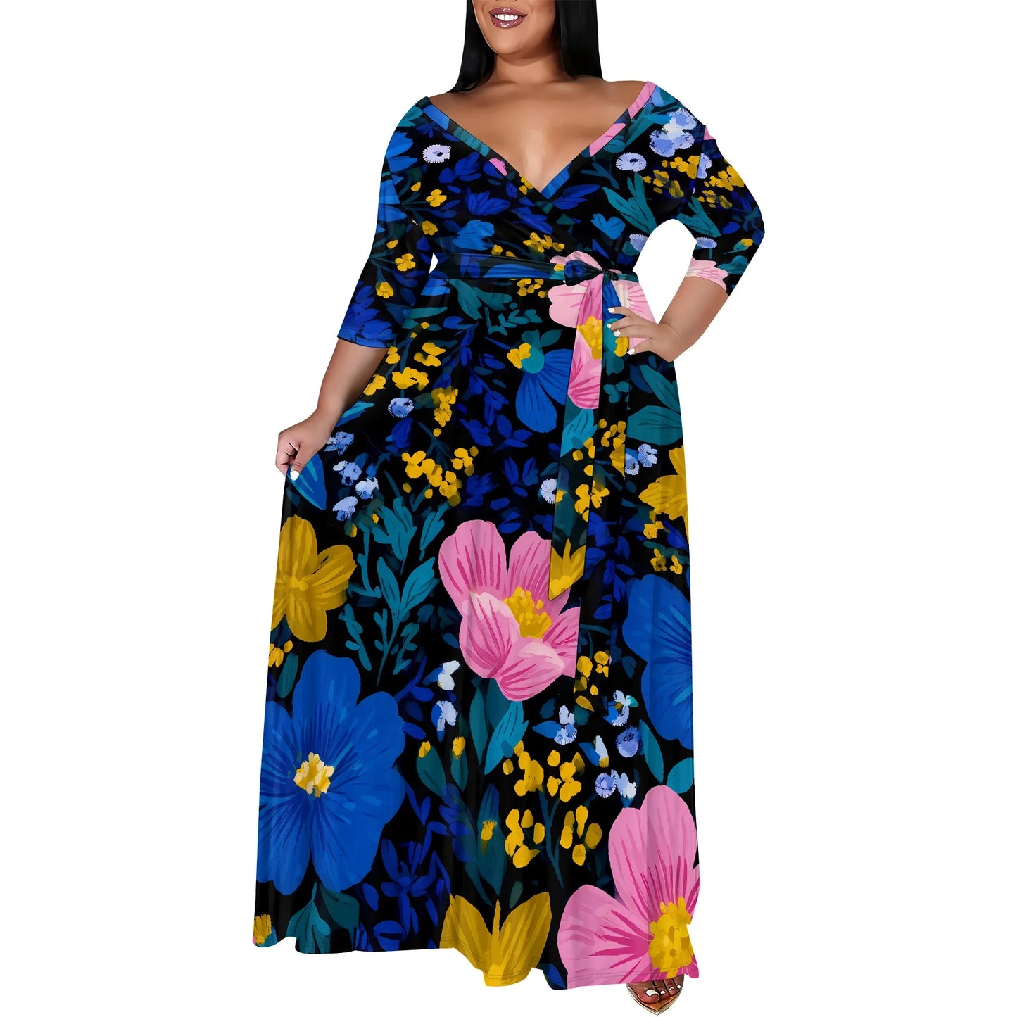 Maxy Plus Size Women's 3/4 Sleeve V-Neck Floral Print Wrap Maxy Dress Elegant Bohemian Casual Dress