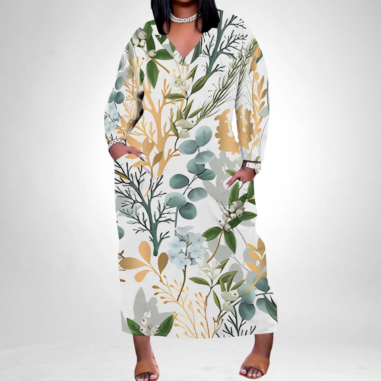 Maxy Plus Size Off Shoulder Green Botanical Print Dress Vacation Casual Wear