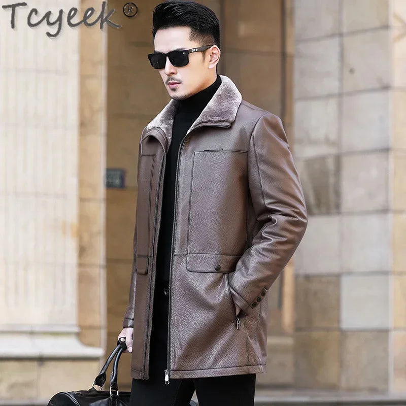 Tcyeek Genuine Leather Jacket Men Business Casual Real Cowhide Coats for Man Thickened Warm Wool Jackets Winter Clothes Overcoat