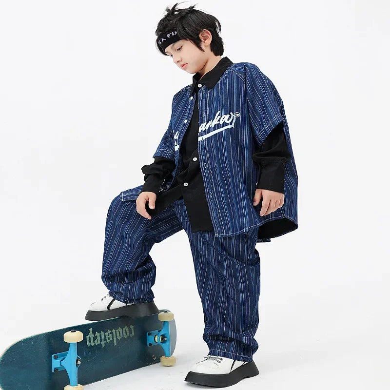 Maxy Kids Boys Girls Stripe Denim Shirts Pants Suits Sets Fashion Streetwear Baseball Shirt Pant Children Tracksuits Hip Hop Clothing