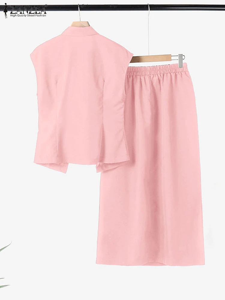 Maxy Short Sleeve Shirts Streetwear Suits Women Stylish Solid Color Side Slit Long Skirts 2pcs Outfits Chic Fashion Skirt Sets