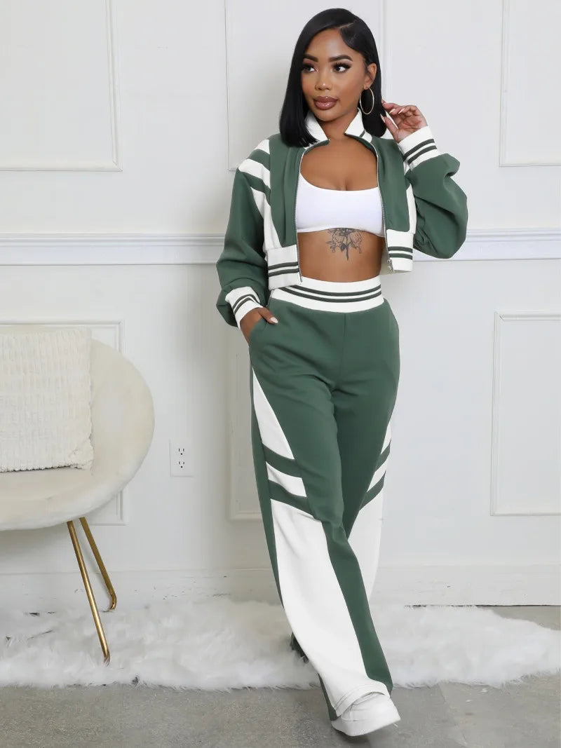 Maxy Contrast Color Women Autumn 2 Piece Set Stand Collar Long Sleeve Zipper Sweatshirts Crop Tops + Flare Pants Streetwear Tracksuit