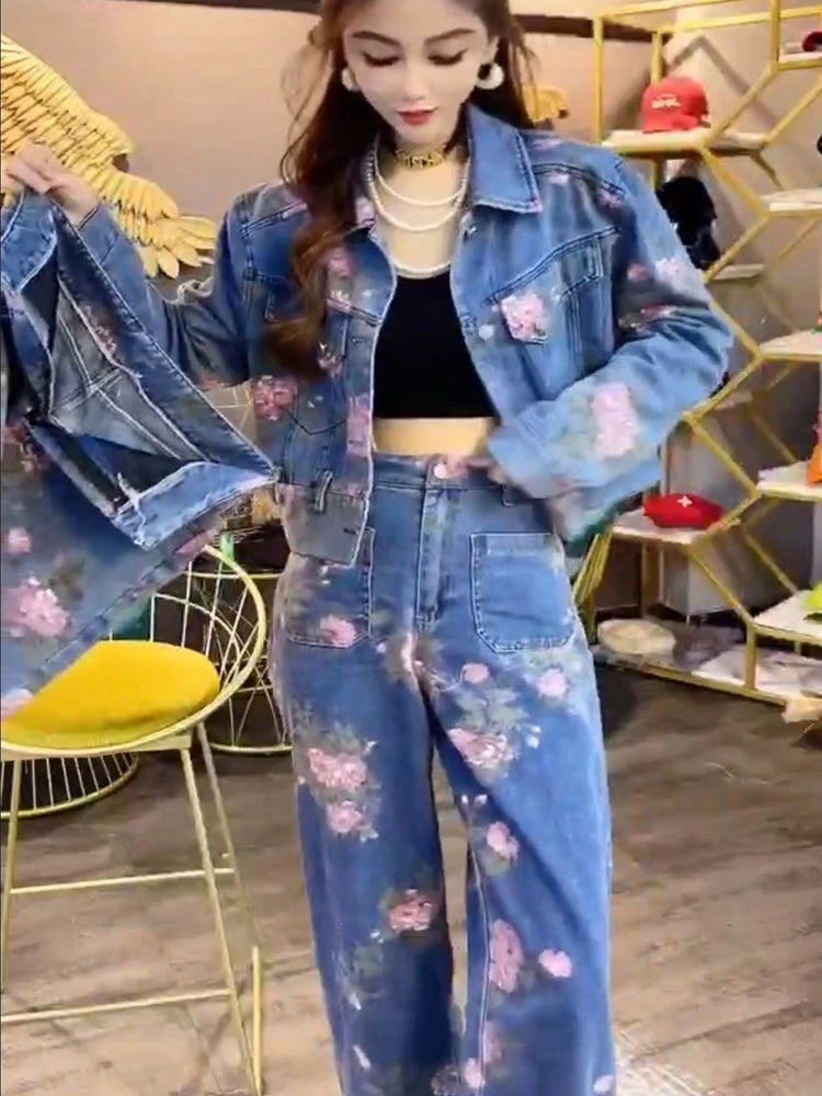 Spring Trend High Street Style Women's Long Pants Denim Set Fashion Jacket High Waist Loose Jeans Female Suit Autumn