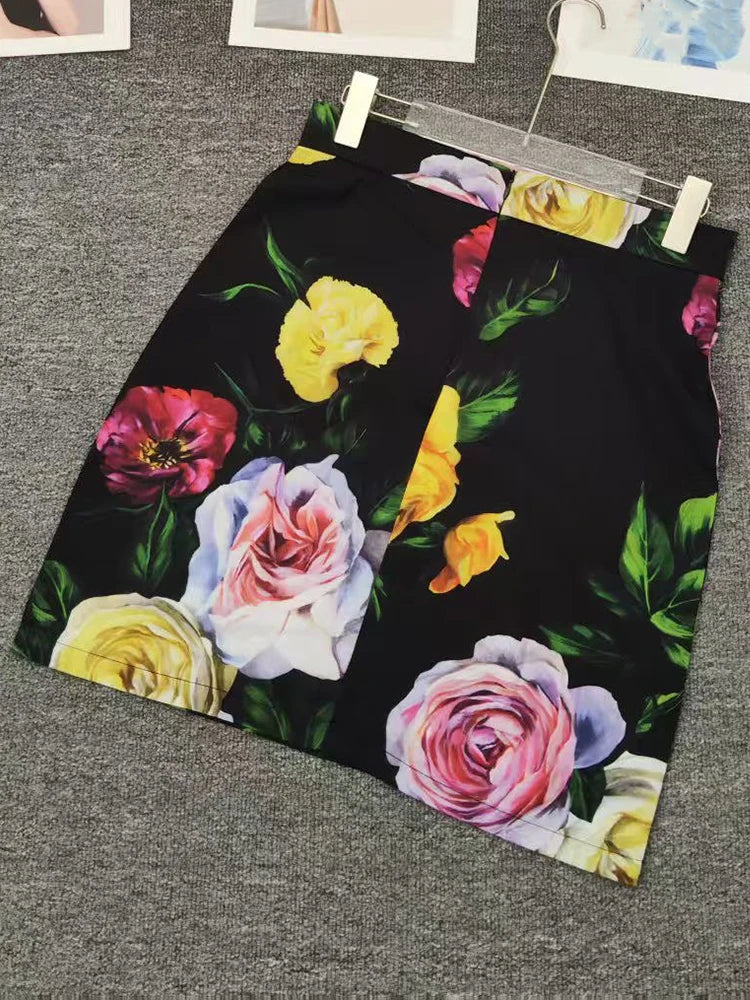 Maxy Retro flower prints long-sleeved shirt top spring/summer new+slim hip mini short skirt elegant two-piece women's suit