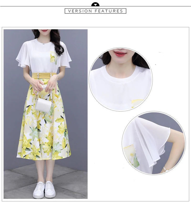 Maxy Women's Suits Summer New Fashion Casual Slim Temperament Floral T-shirts Skirts Female Two Piece Sets SJ431