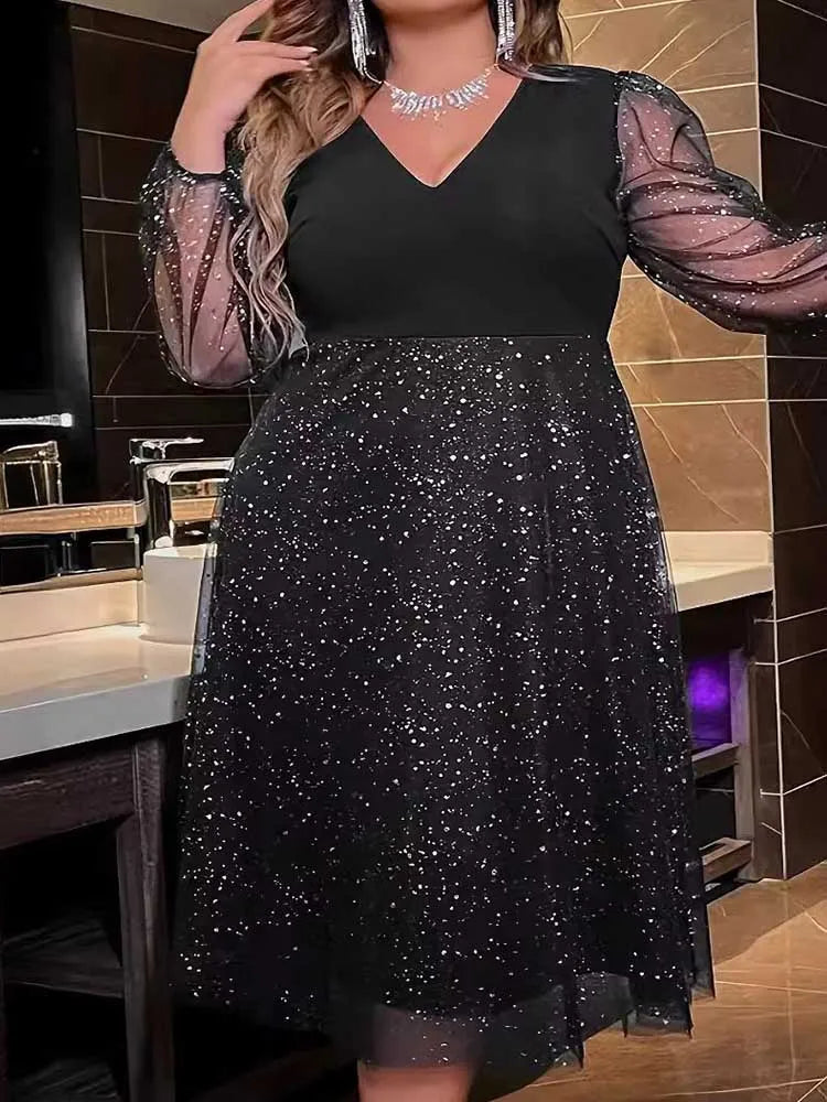 Maxy Plus Size Evening Dresses Woman Luxury High Waist Evening Black Dress V Neck Elegant Shiny Dance Dress