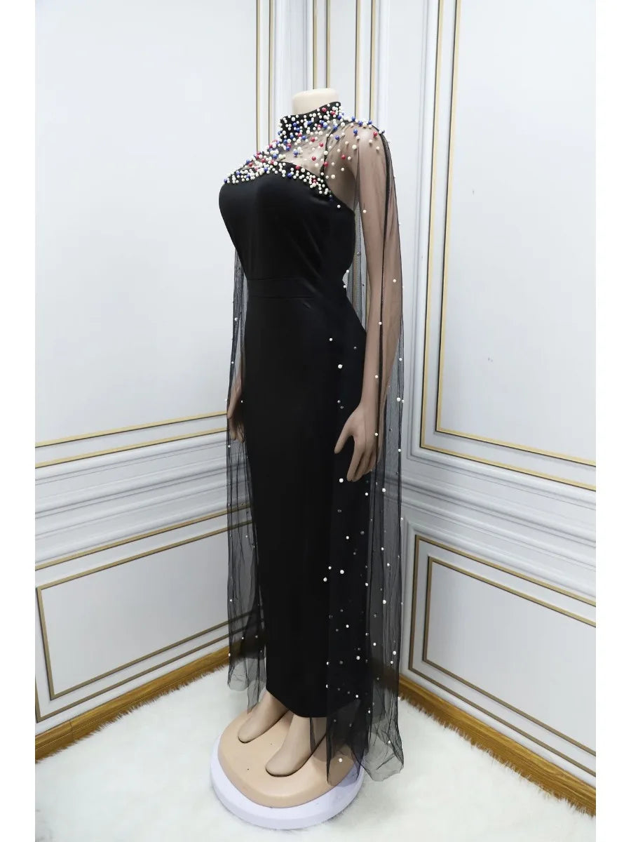 Maxy Ramadan Party Dress for Women Maxy Long Sleeve Mesh Beads Lagors Dubai Arabic Abaya with Cloak Elegant dress