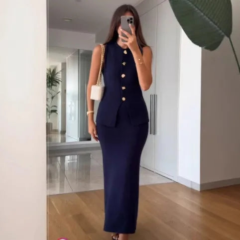 Maxy Skirt Set Women Two Piece Sets Round Neck Sleeveless Dress Sets Slim Fit Matching Sets Tops Mid Length Skirts Y2k Elegant