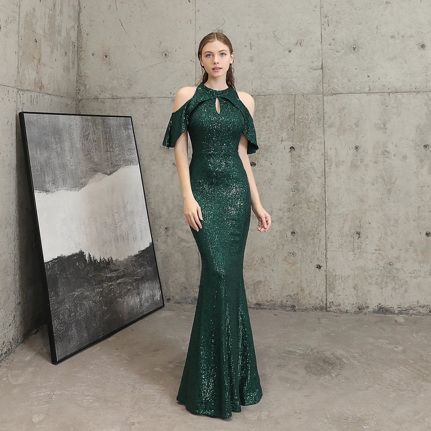 Maxy Evening Dresses Green Sequins Stretchy Halter Collar Zipper Back Mermaid Trumpet Floor Length Women Party Formal Gowns YE033