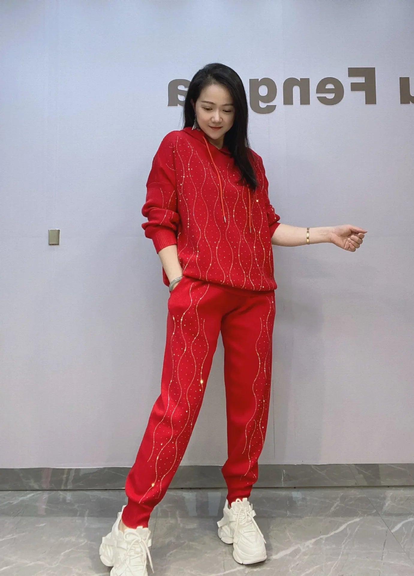 Maxy Fashion Striped Diamonds Sweater Set with Long Pants Women Autumn Tracksuit Loose Casual Hooded Two Piece Sets Womens Outifits