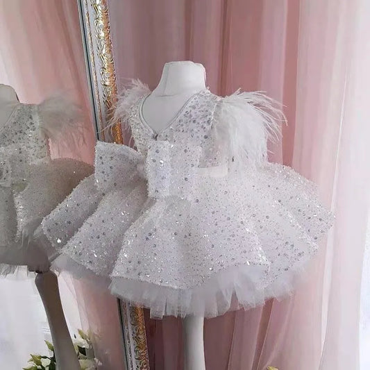 Maxy Glitter Diamonds Ball Gown Evening Vintage Princess Lace Tulle Flower Girls Dress For Kid Child Wedding Party Junior bridesmaid