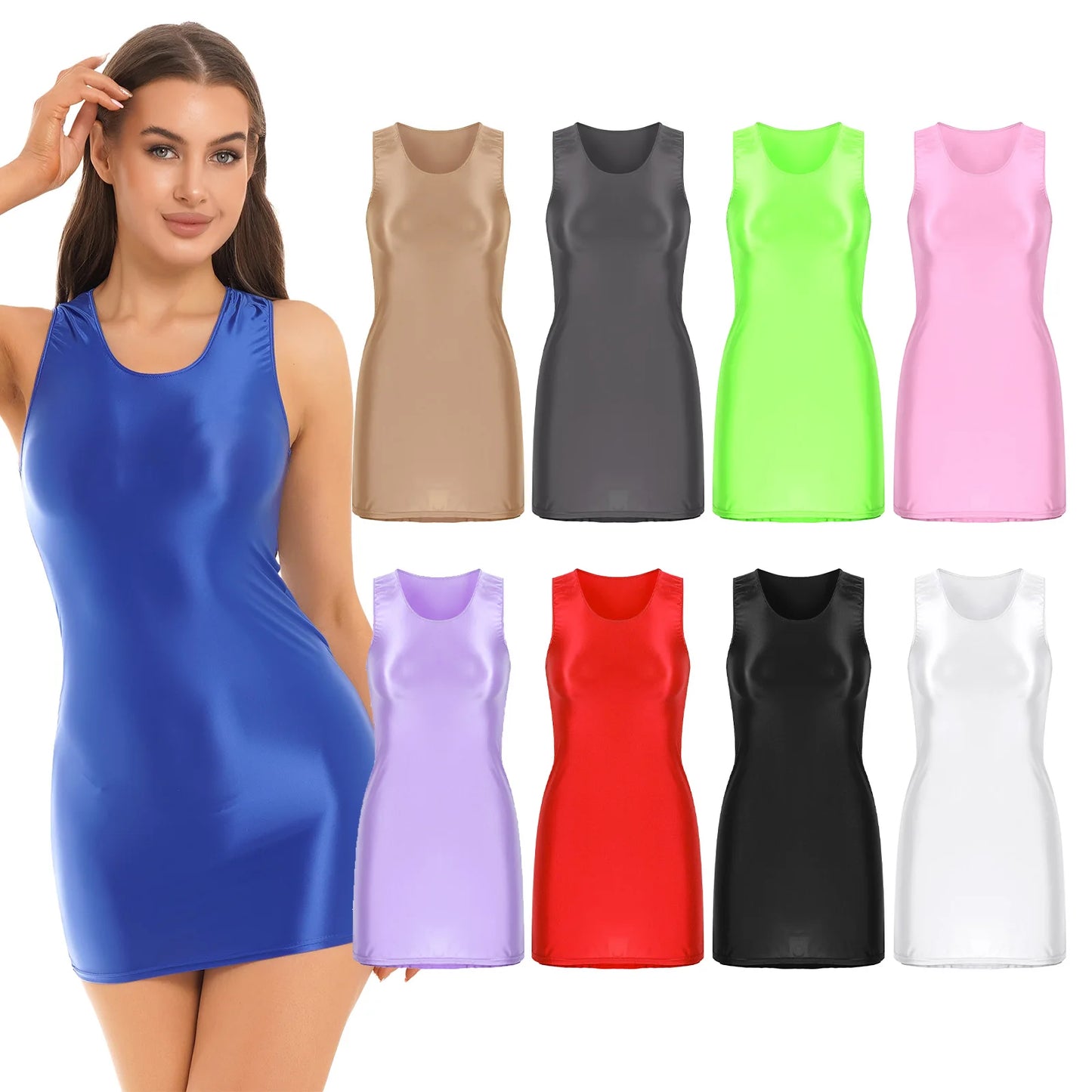 Maxy Women's Oil Glossy Stretch Tank Mini Dress Solid Color Sleeveless Tights Bodycon Short Dress Stretch U Neck Party Sundress
