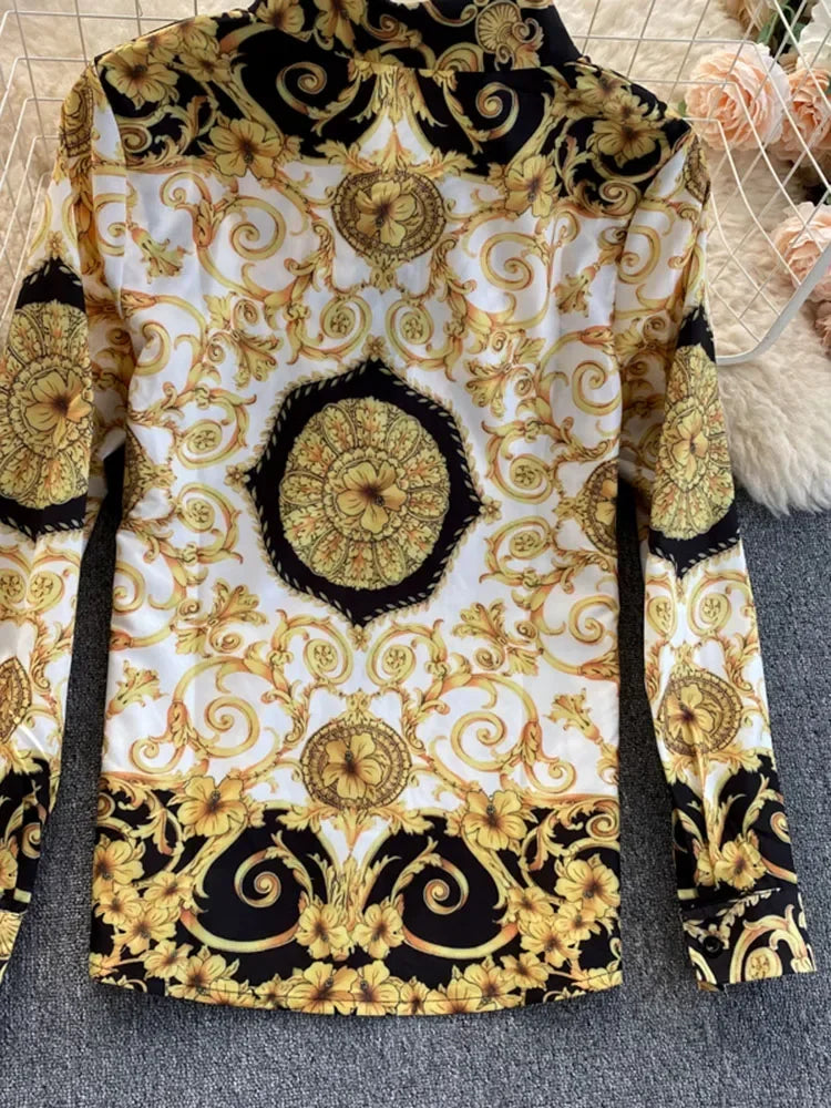 Maxy Spring Autumn Women's Blouse Tops New Bohemian Retro Turn-down collar Office Lady Trend Printing European American Shirt UK766