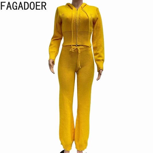 Maxy FAGADOER Casual Knitting 2 Piece Sets Women Outfit Solid Color Zip Crop Hooded Top + Flare Pants Suits Female Streetwear