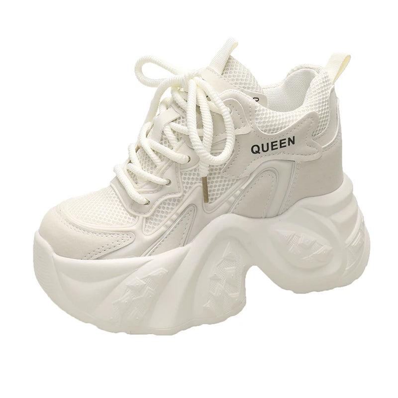 Maxy Spring Autumn High Top Leather Casual Shoes Comfy Breathable Mesh High Platform Shoes 10CM Wedge Heels Walking Chunky Sneakers