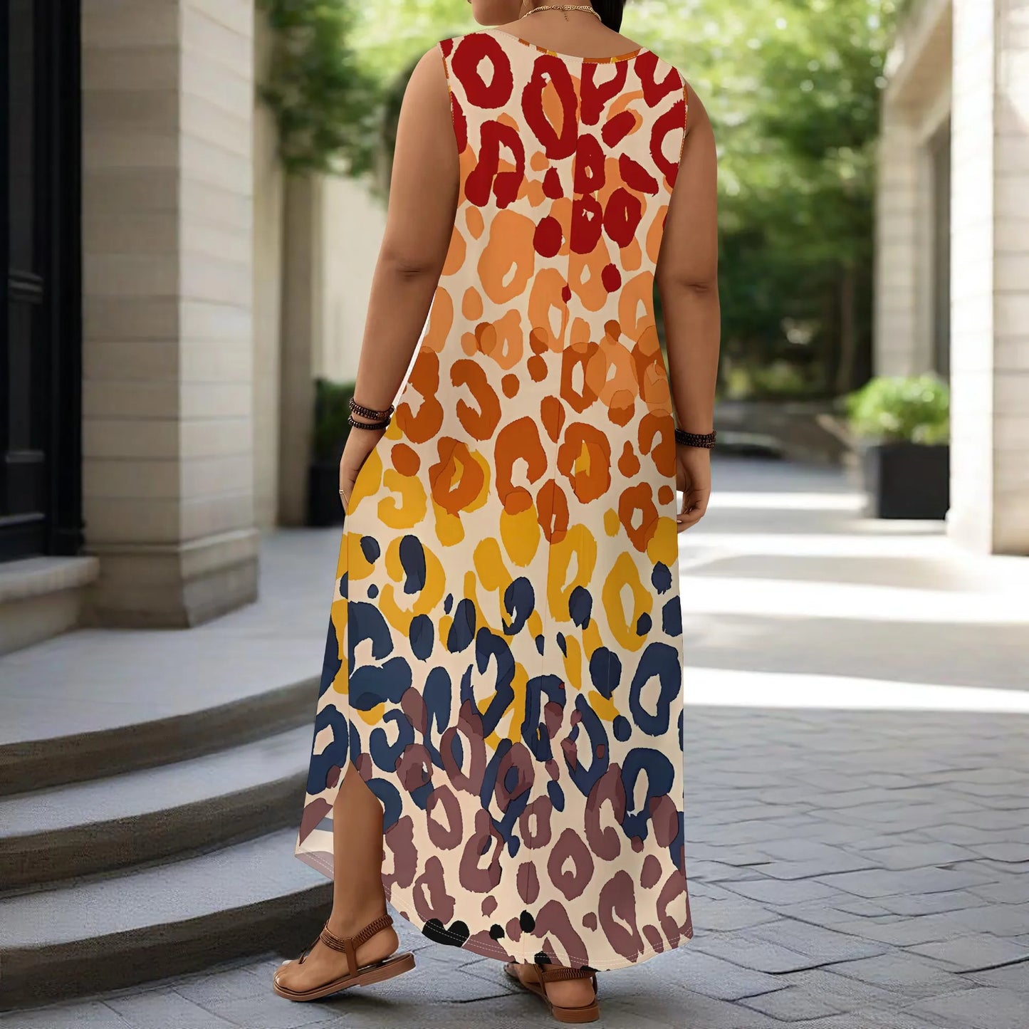 Maxy Plus Size Sleeveless Leopard Print Maxy Dress Gradient Colorful Summer Casual Beach Holiday Sundress