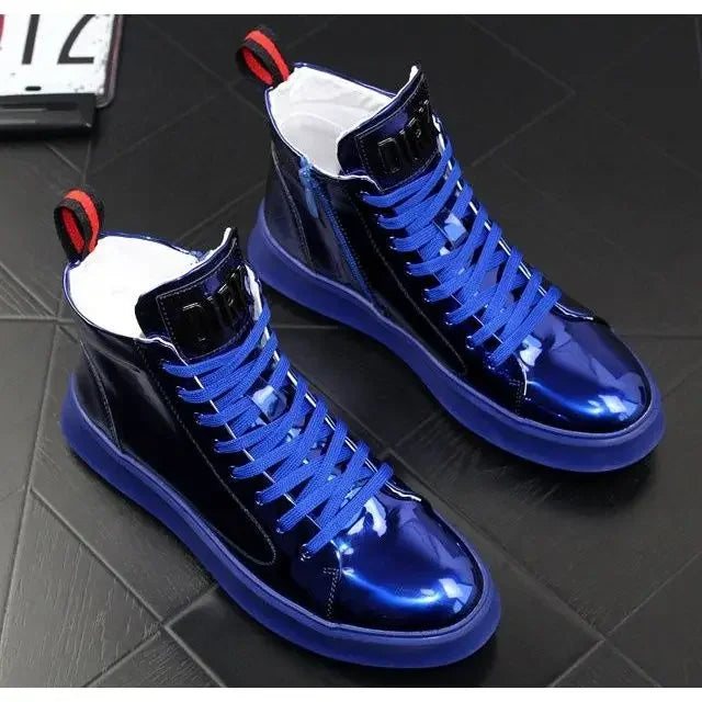 Amay Fashion Y2K boots for men shine leather metal decoration high top boot luxury shoes hairdresser Casual Male sneakers Botines