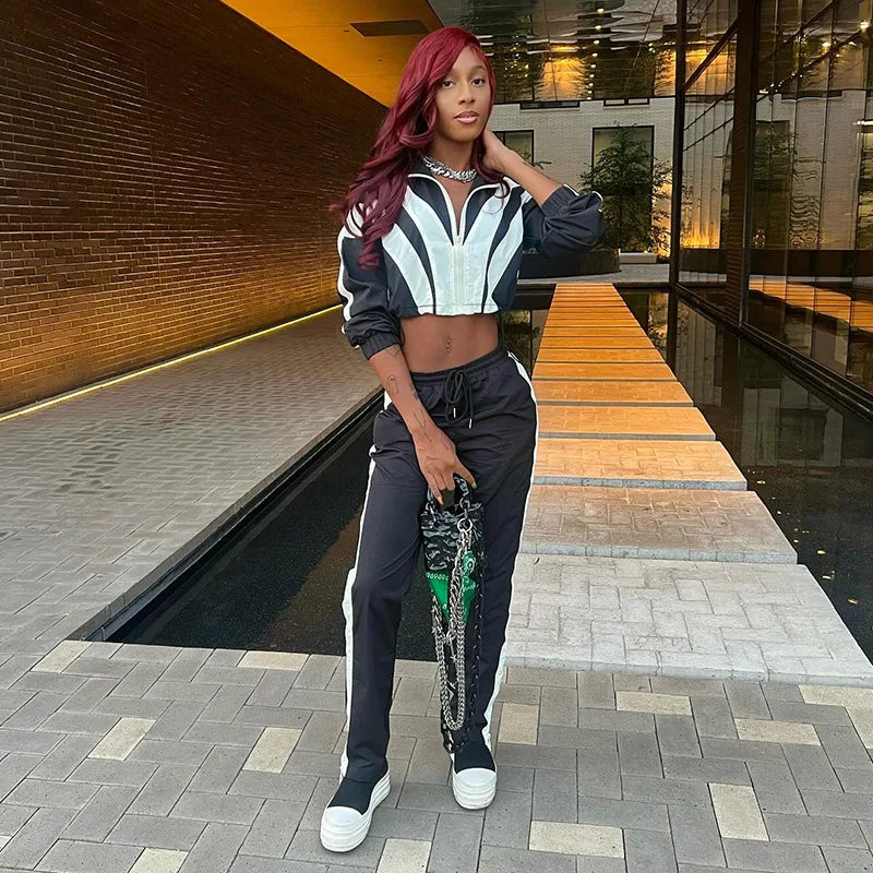 Casual Womens Set Zipper Jacket and Jogger High Waist Flared Pant Suit 2025 Fall Street Fashion Tracksuit Gym 2 Two Piece Sets
