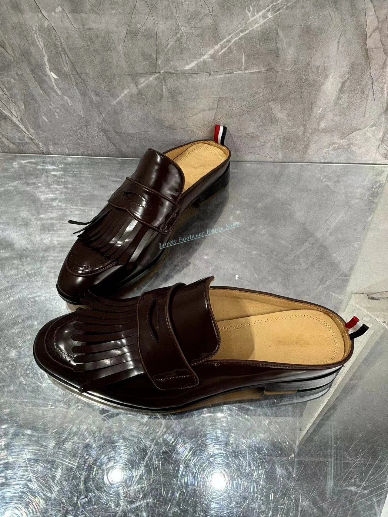 Visco Fashion Men's Fringe Decoration Genuine Leather Mules Shoes Comfortable Slip On Round Toe Male Summer Brown Slippers Shoes