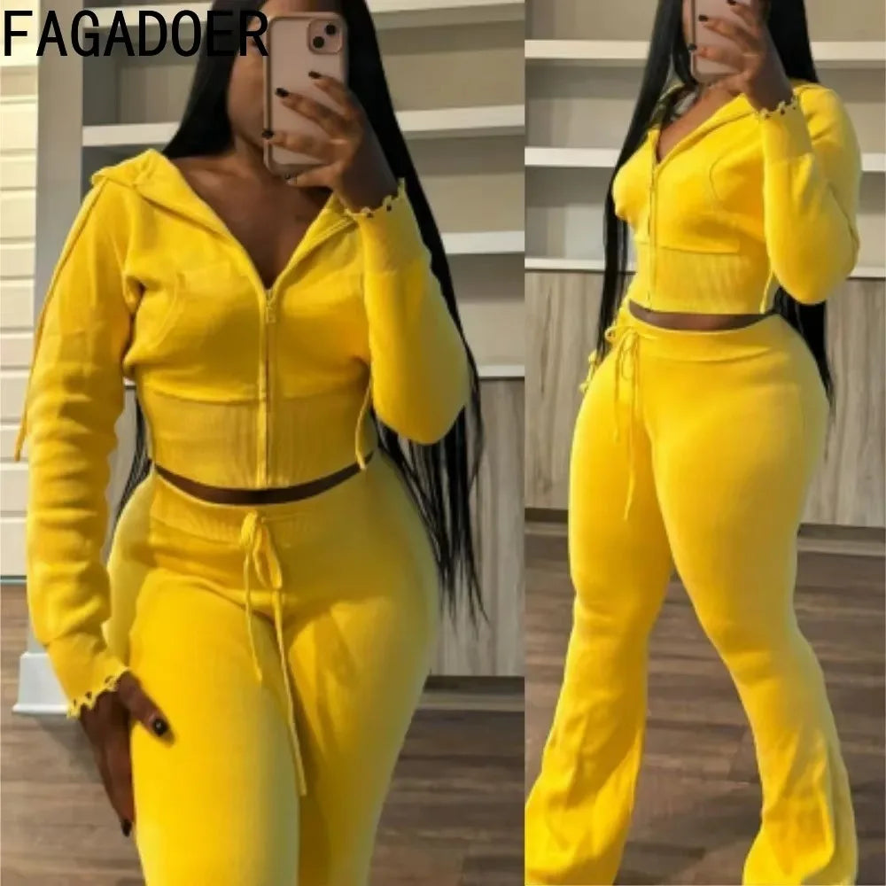 Maxy FAGADOER Casual Knitting 2 Piece Sets Women Outfit Solid Color Zip Crop Hooded Top + Flare Pants Suits Female Streetwear