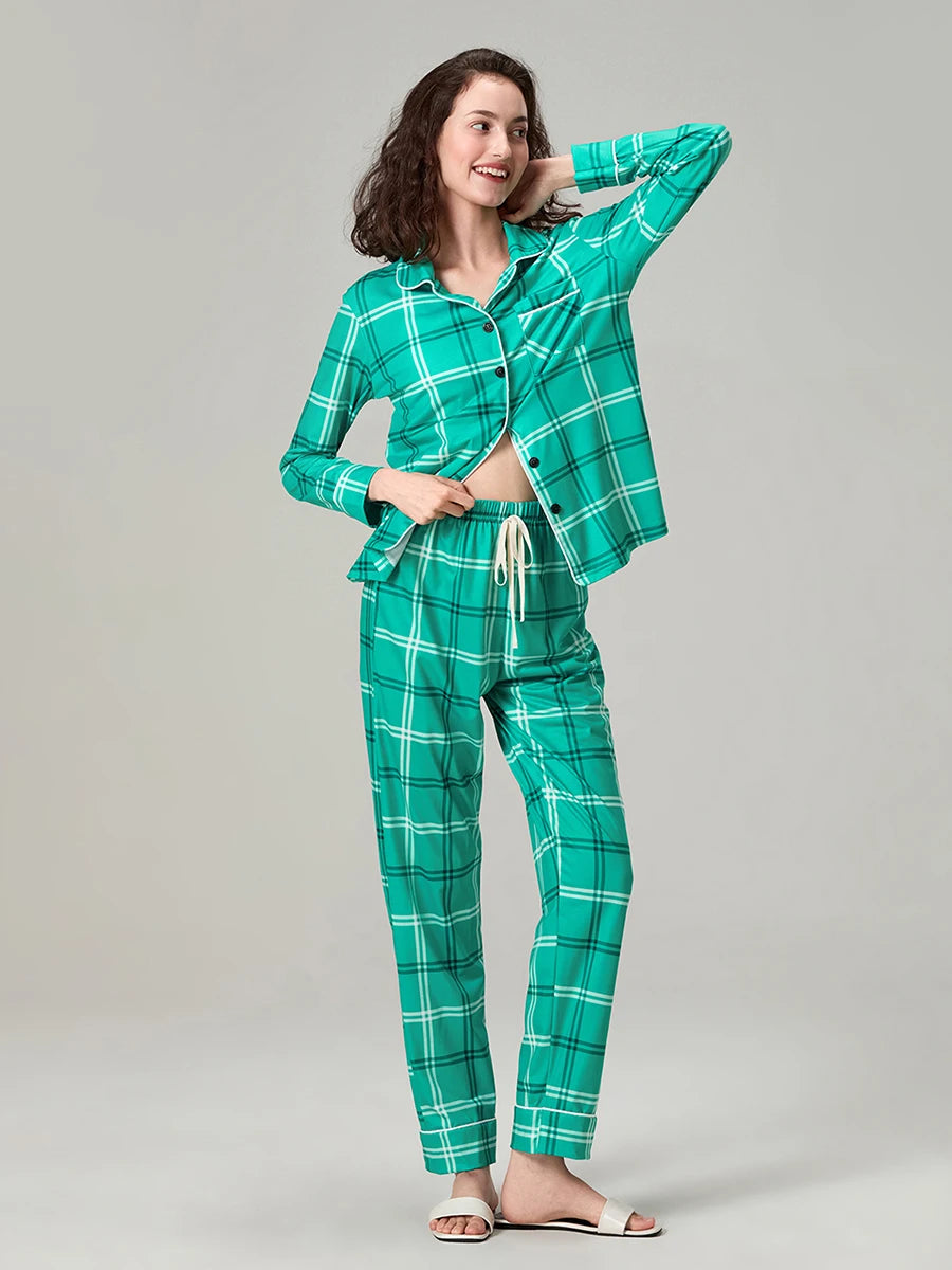 Christmas Family Pajamas Matching Set Plaid Print Long Sleeve Tops and Drawstring Pants Sleepwear