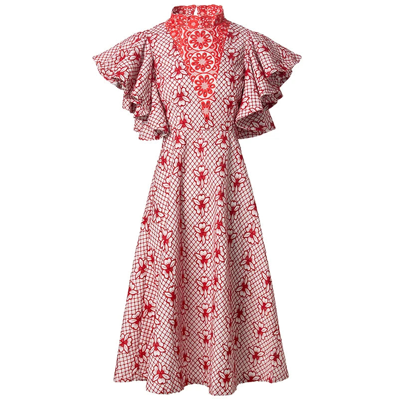 Maxy Seasoning Hollow Out Embroidery Dress For Women Stand Collar Flying Sleeves Red Vintage Dresses Fashion Autumn Female