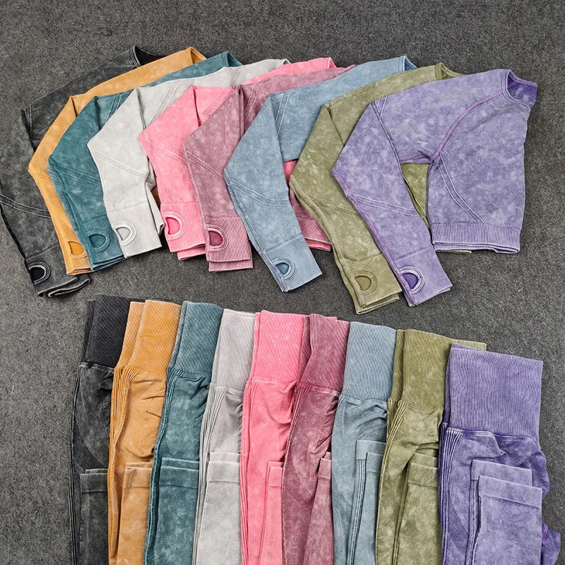 Seamless Sports Suits Women O-neck Crop Tops Long Sleeve Push Up Leggings Sets Gym Wear Summer Two Pieces Sets Tracksuit Feamle