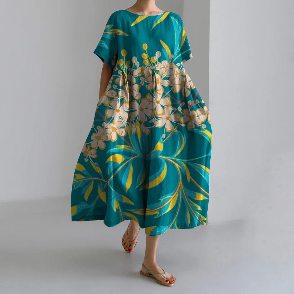 Maxy Summer New Bohemian Casual Dresses Vintage Women's Cotton Printed Dresses Womens Floral Long Dresses Round Neck Pullover Dresses