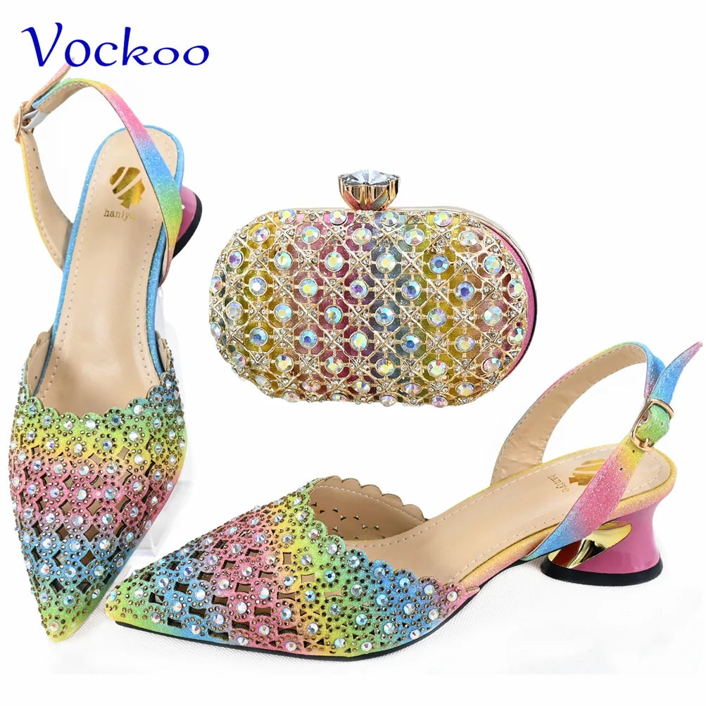 Maxy Fashion Purple Color Magazine Hollow Design Noble and Elegant Women's Low Heeled Shoes Paired with Evening Bags.