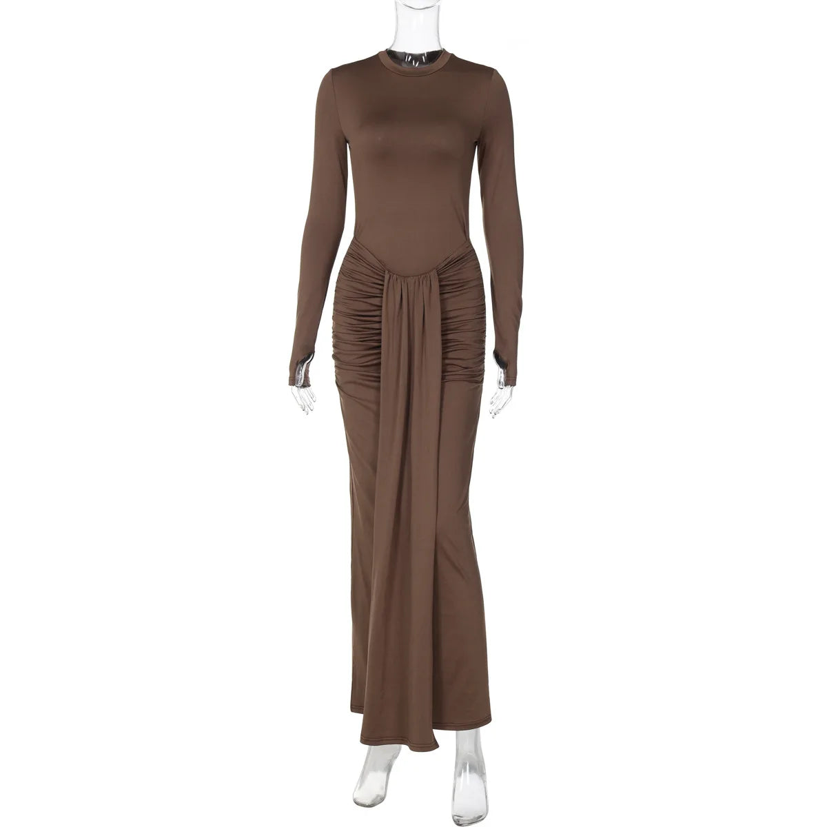 Maxy Fashion Woman Full Sleeve Bodycon Folds Long Maxy Dress Evening Party Outfit Office Lady Elegant Bandage Formal Occasion Dresses