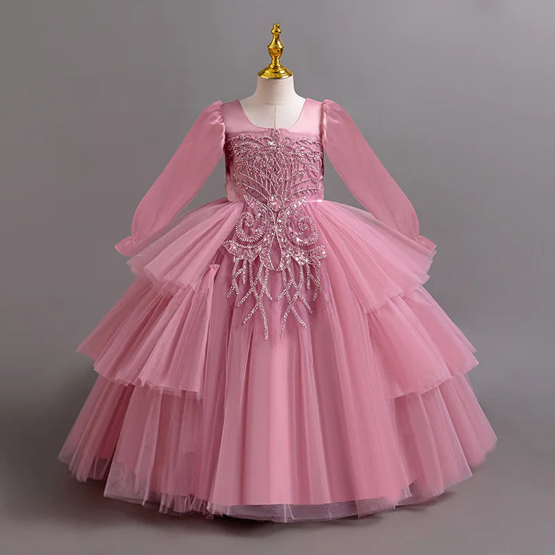 Maxy Girls embroidered sequin princess dress 4-12 years old fashion bow tutu skirt carnival birthday evening dress