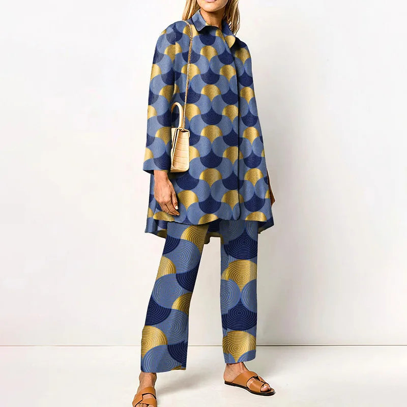 Maxy Autumn New Loose Vintage Printed Pant Sets Women Long Sleeve Shirts And Wide Legs Trousers Two Piece Set Fashion Streetwear
