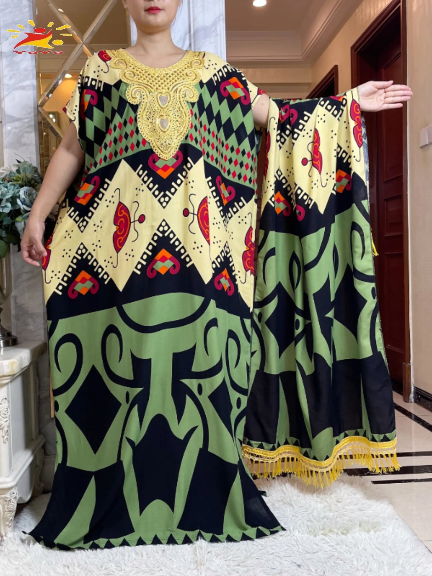 Macy Latest Autumn African Lady Dress with Big Scarf   Cotton Printed Loose Floral Boubou Pocket Maxi Islam Women Short Sleeve