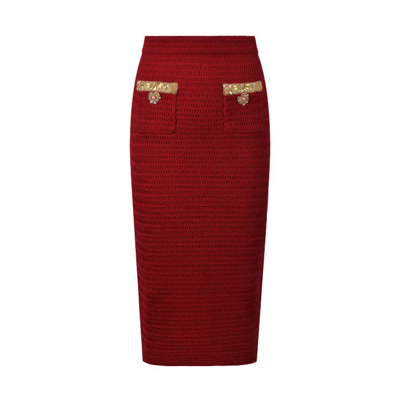 Maxy Fashion Spring Beading V Neck Cardigan Sweater Skirt Set 2 Pieces Women Outfit Knitting Dress Sets Luxury Party Suits
