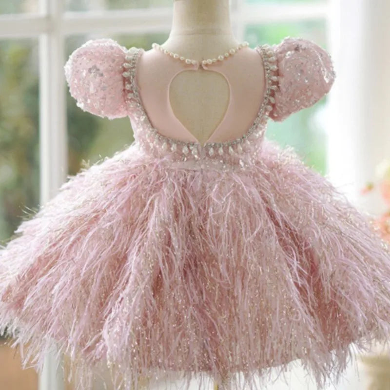 Maxy Fashion Baby Girl Princess Sequins Feather Dress Puffy Sleeve Toddler Child Pearl Vestido Party Birthday Baby Clothes 2-14Y
