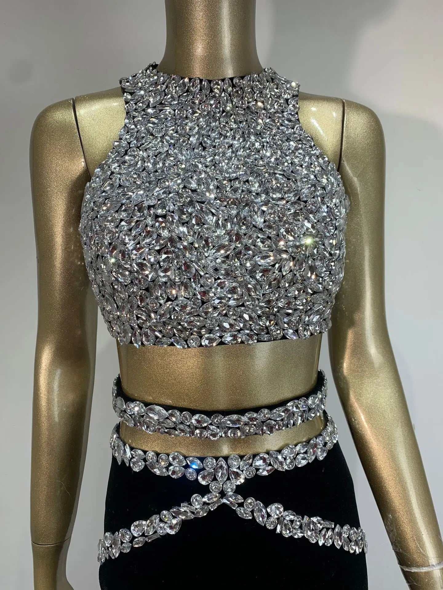 Maxy Women Luxury Party Outfits Rhinestones Crop Top and High Waist Long Skirt Two Piece Sets Birthday Celebrity Evening Garments